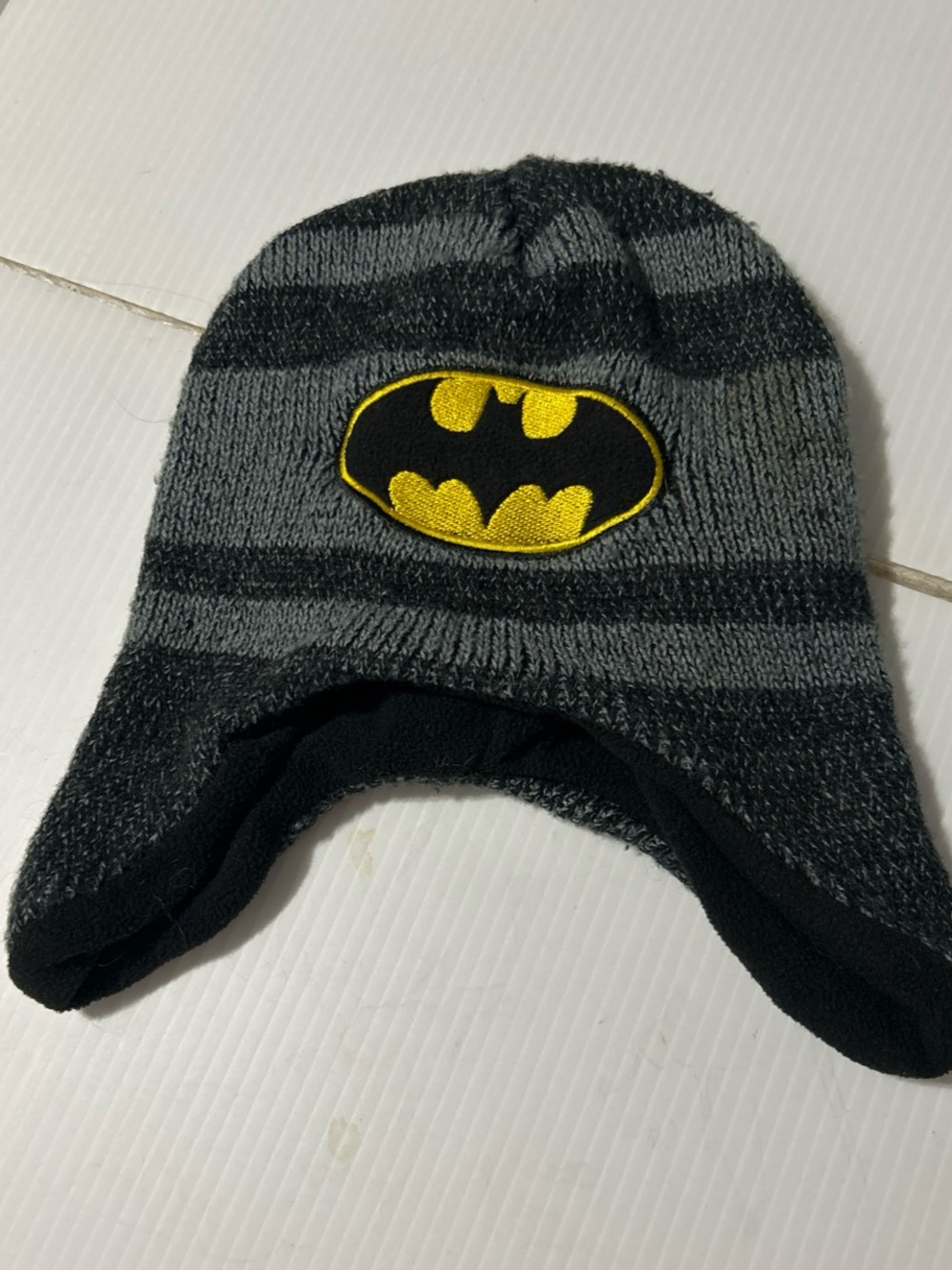 Batman Gray and Black Striped Knit Earflap Hat with Yellow Bat Logo